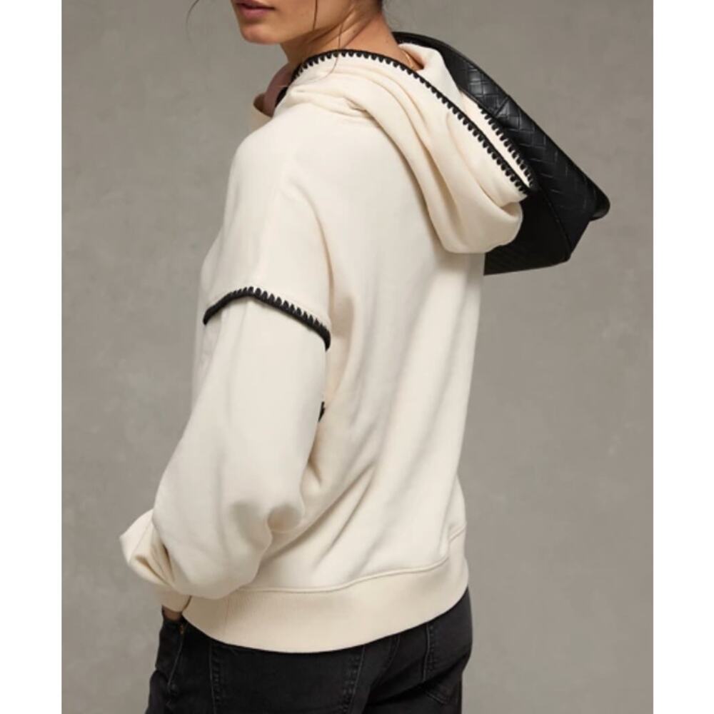 American Eagle Contrast Stitch Crossover Hoodie Cream Black Basic Size Medium - Picture 4 of 7